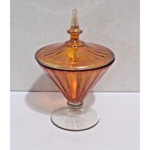 Vintage Lancaster Glass "Aztec" Maigold Carnival Footed Ribbed Glass Jar w/Lid